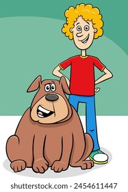 Cartoon illustration of funny boy character with his pet dog