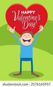 Cartoon illustration with funny boy character with big heart Valentines Day card