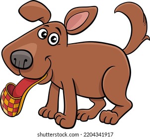 Cartoon illustration of funny brown dog comic animal character with slipper