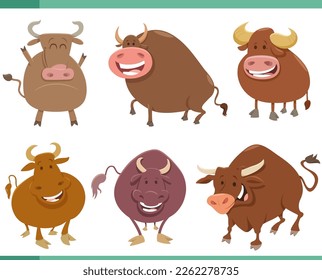 Cartoon illustration of funny bulls farm animals comic characters set