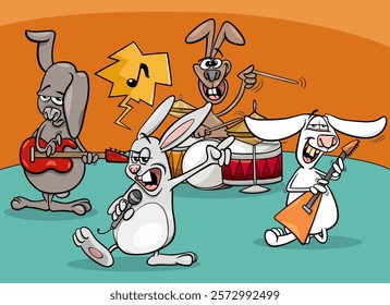 Cartoon illustration of funny bunnies rock and roll musicians band