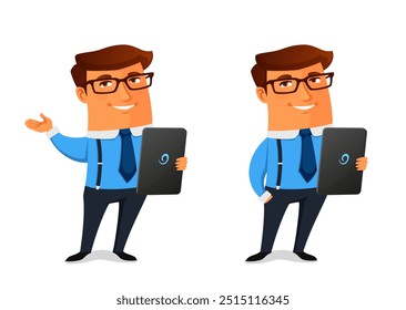 cartoon illustration of a funny businessman, assistant or teacher wearing elegant blue shirt while holding a black tablet and giving presentation speech or lecture.