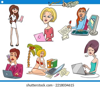 Cartoon illustration of funny businesswomen at work characters set