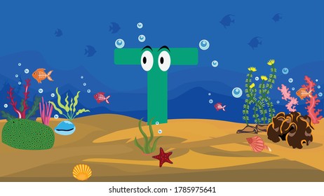 cartoon illustration of funny capital letter with colorful under water background