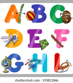 Cartoon Illustration of Funny Capital Letters Alphabet with Objects for Language and Vocabulary Education for Children from A to I