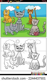 Cartoon illustration of funny cats comic characters group coloring page