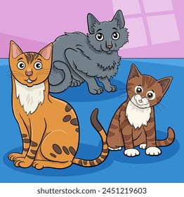 Cartoon illustration of funny cats comic animal characters at home