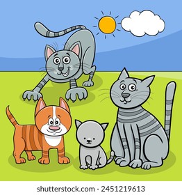 Cartoon illustration of funny cats comic animal characters in the meadow
