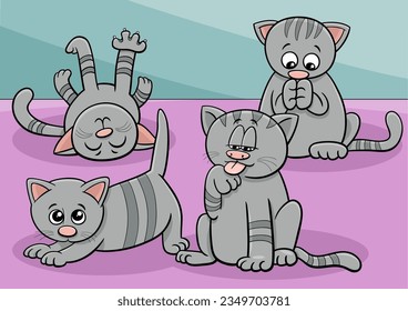 Cartoon illustration of funny cats or kittens comic animal characters group