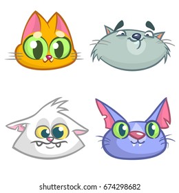 Cartoon Illustration of funny Cats ot Kittens Heads Collection Set. Vector pack of colorful cats icons. Cartoon  Maine Coon, siamese, british and domestic. Design for emblem, sticker or logo