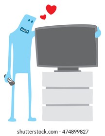 Cartoon illustration of funny character hugging his tv set