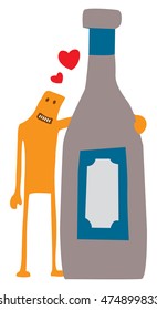 Cartoon illustration of funny character hugging a wine bottle