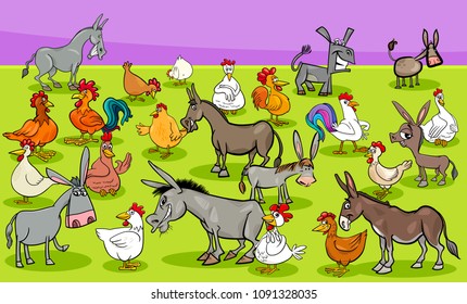 Cartoon Illustration of Funny Chickens and Donkeys Farm Animal Characters Group