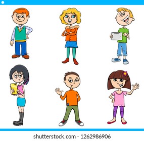 Cartoon Illustration of Funny Children and Teenager Characters Set