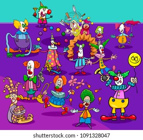 Cartoon Illustration of Funny Circus Clowns or Jokers Characters Group