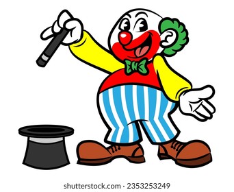 Cartoon illustration of a Funny Clown showing a tricks with magic wand and hat at the preschool. Best for sticker, logo, and mascot with circus themes for kids