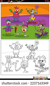 Cartoon illustration of funny clowns or comedians characters group coloring page