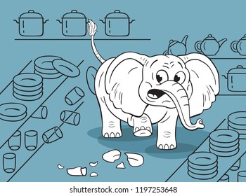 Cartoon  Illustration Of A Funny Clumsy Elephant In A China Shop