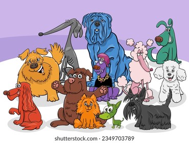 Cartoon illustration of funny colorful dogs and puppies animal characters group in the meadow