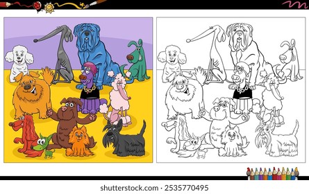 Cartoon illustration of funny colorful dogs animal characters group coloring page