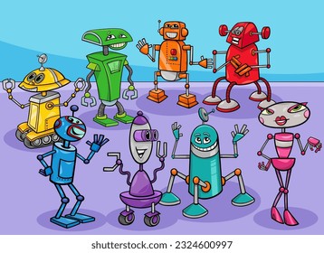 Cartoon illustration of funny colorful robots comic characters group