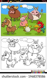 Cartoon illustration of funny comic animals characters group on the pasture coloring book page