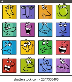Cartoon illustration of funny comics faces or emotions colorful set