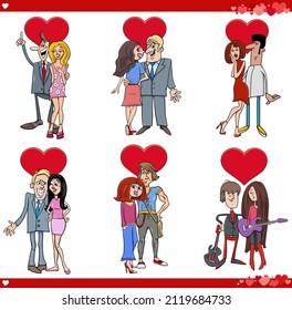 Cartoon illustration of funny couples in love on Valentines Day set