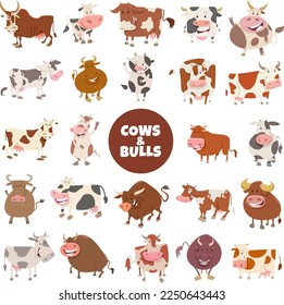 Cartoon illustration of funny cows and bulls farm animal characters big set