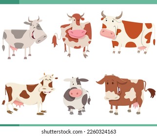 Cartoon illustration of funny cows farm animals characters set