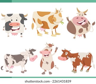 Cartoon illustration of funny cows farm animals comic characters set