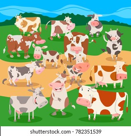 Cartoon Illustration of Funny Cows Farm Animal Comic Characters Group