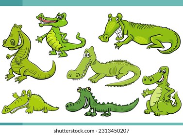 Cartoon illustration of funny crocodiles comic animal characters set