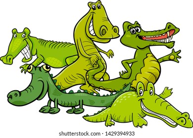 Cartoon Illustration of Funny Crocodiles Wild Animal Characters Group