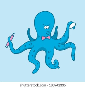 Cartoon illustration of a funny cute artist octopus ready to draw