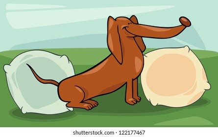 Cartoon Illustration of Funny Dachshund Dog Sitting on Bed with Pillows