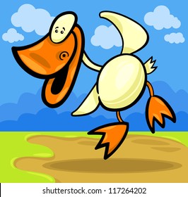 Cartoon Illustration of Funny Dancing Playful Duck or Duckling against blue sky
