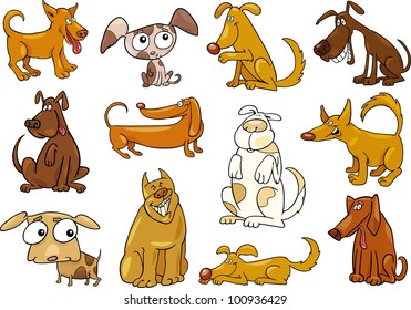 cartoon illustration of funny different dogs set