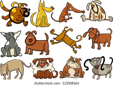 Cartoon Illustration of Funny Different Dogs or Puppies Set