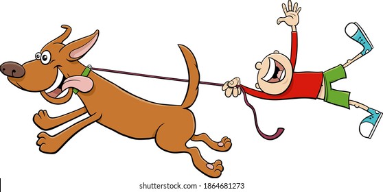 Cartoon illustration of funny dog animal character pulling a boy on a leash