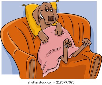 Cartoon illustration of funny dog animal character resting on a sofa