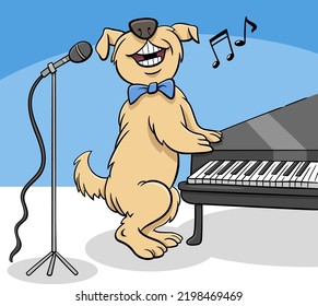 Cartoon illustration of funny dog animal character singing at the piano