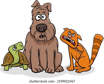 Cartoon illustration of funny dog animal character with cat and tortoise