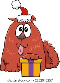 Cartoon illustration of funny dog animal character with gift on Christmas time