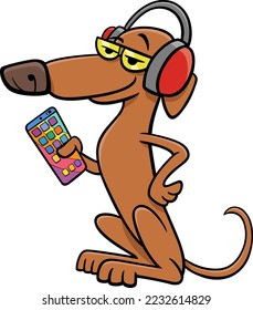 Cartoon illustration of funny dog animal character listening to the music from smart phone