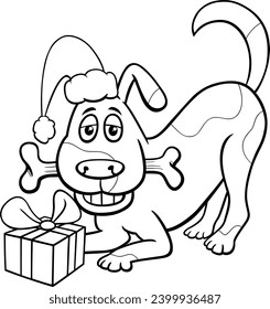 Cartoon illustration of funny dog animal character with present and dog bone on Christmas time coloring page