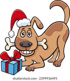 Cartoon illustration of funny dog animal character with present and dog bone on Christmas time