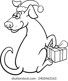 Cartoon illustration of funny dog animal character with Christmas present coloring page