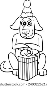 Cartoon illustration of funny dog animal character with Christmas present coloring page