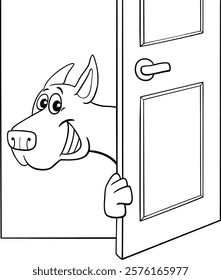 Cartoon illustration of funny dog comic animal character behind the door coloring page